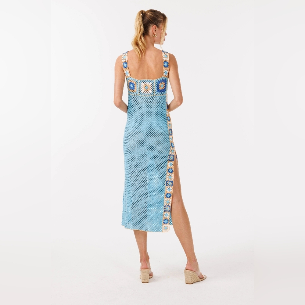 REVOLVE Sky Blue Crochet Maxi Dress with Multicolor Mosaic Trim - Picture 4 of 10